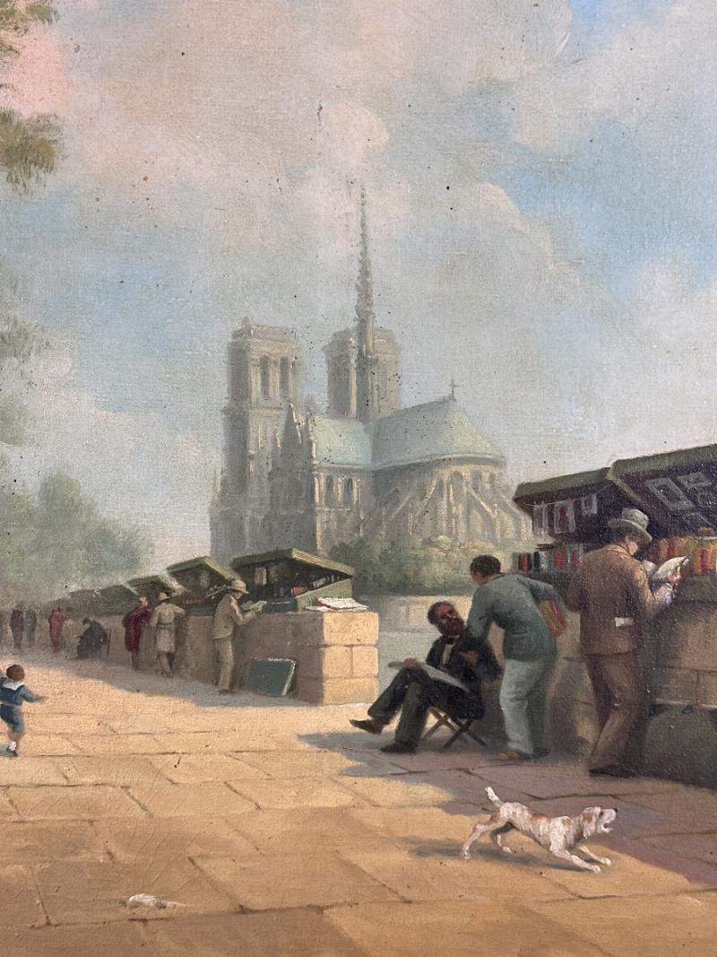 Une vue pittoresque de Notre-Dame de Paris et de la Seine avec un bouquiniste au premier plan